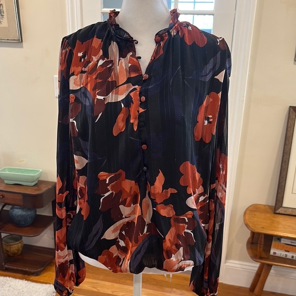 Haver London black/orange floral design pullover Blouse.  Size L - Picture 1 of 10